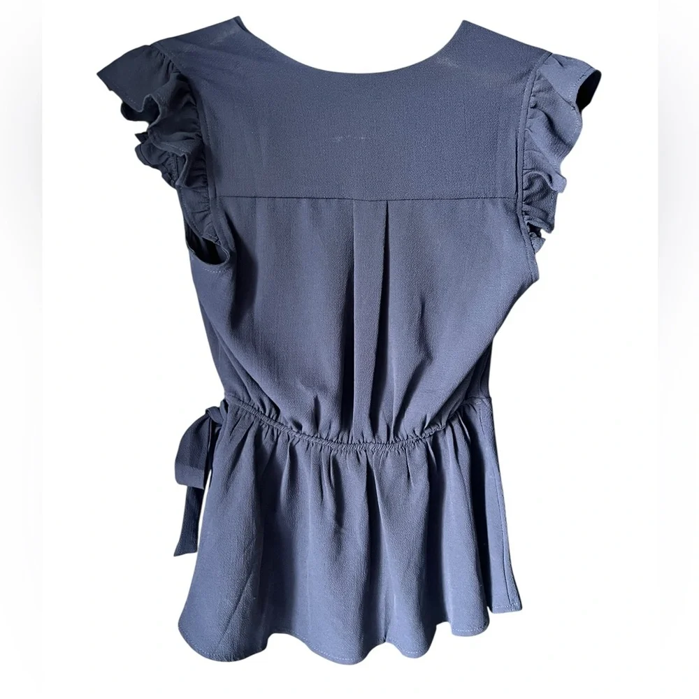 Monteau Los Angeles Wrap Top Small Blue Ruffle Sleeve Peplum Blouse Tie Waist - Picture 5 of 8